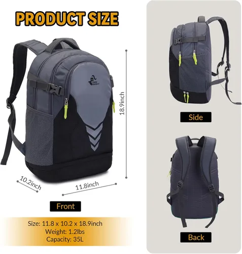 Miniatura 2 de Mochila de baloncesto de 35 litros con compartimento separado para pelotas, para baloncesto, fútbol, voleibol, natación, gimnasio, viajes