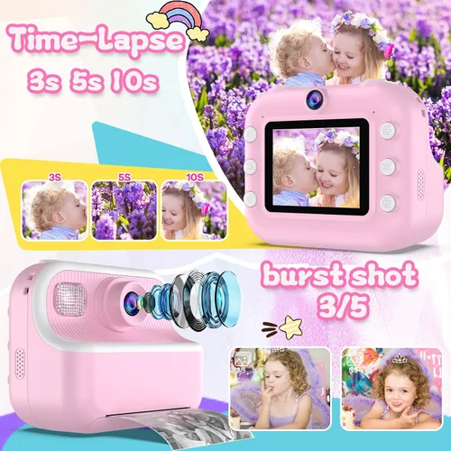 Miniatura 6 de Cámara instantánea para niños, regalos de cumpleaños de Navidad para niñas de 4, 5, 6, 7, 8, 9, 10 años, juguetes para niñas, 1080P HD, cámara