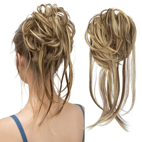 Miniatura 10 de CJL HAIR - Extensión de cabello tipo coletero de chongo desordenado, rizado, sintético, con colas rectas, scrunchies para peinados de moño