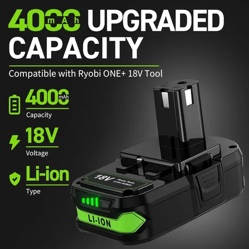 Miniatura 2 de Bonacell Paquete de 2 baterías de repuesto de 18 V 4000 mAh para Ryobi 18 V y cargador para batería Ryobi de 18 voltios ONE+ P108 P107 P104 P105