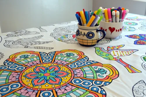 Miniatura 4 de Diseño de mandala, mantel rectangular XL de 60 x 102 pulgadas, mantel interactivo para colorear para niños, tela de poliéster/algodón, lavable