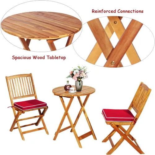 Miniatura 8 de Tangkula Juego de 3 piezas de sillas y mesa de madera de acacia para exteriores, con cojín acolchado y mesa de centro redonda, ideal para patio Rojo
