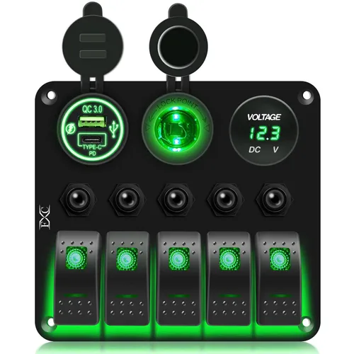 Miniatura 9 de FXC Panel de interruptor basculante azul marino impermeable de 5 segmentos con enchufe USB QC3.0 y ranura tipo C + encendedor de cigarrillos +