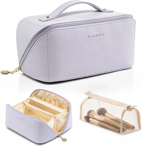 Miniatura 19 de Vlando Bolsa de maquillaje de viaje, neceser para mujer, piel sintética, abierta, plana, bolsa de maquillaje, Clásico elegante
