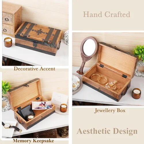 Miniatura 2 de Ajuny Cofre del tesoro de madera hecho a mano, caja de recuerdo vintage y joyería con tiras de concha, almacenamiento de regalo multiusos