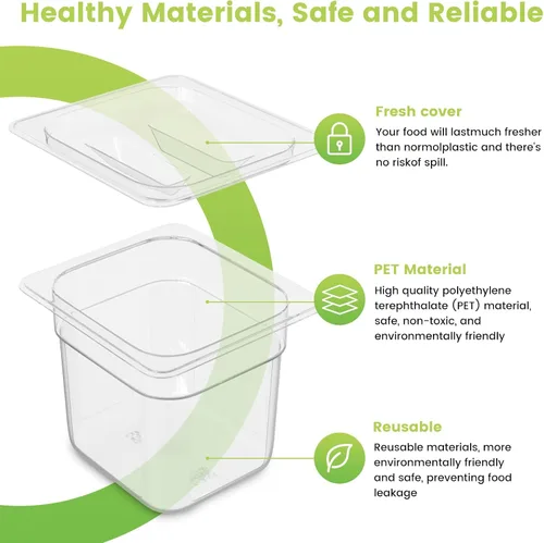 Miniatura 3 de Paquete de 12 bandejas de plástico para alimentos con tapa, tamaño 1/6 de 6 pulgadas de profundidad, recipientes transparentes de almacenamiento