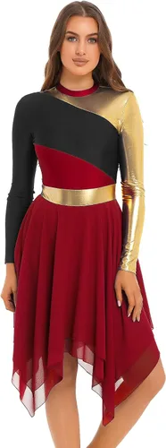 TiaoBug Vestido de baile de alabanza de manga larga para mujer, vestido litúrgico metálico con bloques de color, vestidos de adoración