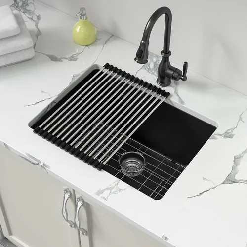 Miniatura 37 de Sarlai 21 Fregadero de Cocina Negro Compuesto de Granito - 21 x 18 Pulgadas Fregadero de Barra de Preparación de Trabajo Compuesto de Cuarzo