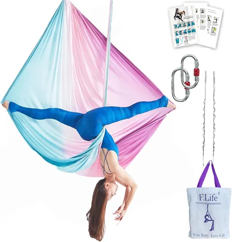 Miniatura 13 de F.Life Kit de hamaca de yoga aéreo, columpio de yoga, multicolor, 5 yardas, yoga volador, incluye cadena de margarita, mosquetón y guía de postura