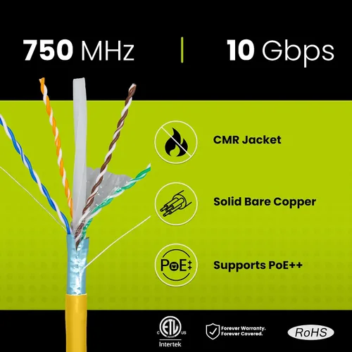 Miniatura 2 de TRUE CABLE Cable Ethernet a granel para elevador blindado Cat6A, 1000 pies, amarillo, 23 AWG cobre sólido desnudo, 750 MHz, F/UTP, PoE++ 100 W