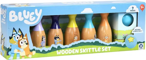 Bluey Juego de Bolos de Madera – Juego de Bolos con 6 Pines de Bolos de Madera con Personajes, Juguete Duradero para Niños de 3+ Años, Juego