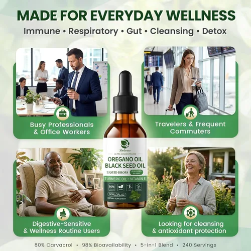 Miniatura 7 de Aceite de orégano con aceite de semilla negra, gotas de aceite de orégano 4 en 1 con aceite de cúrcuma y vitamina E, 80% Carvacrol, inmune