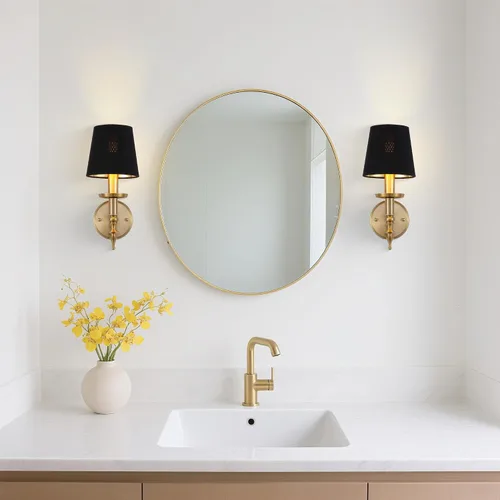 Miniatura 6 de Moderno aplique de pared industrial de mediados de siglo, lámpara de pared de tocador de baño con marco de latón cepillado y pantalla de lino negro