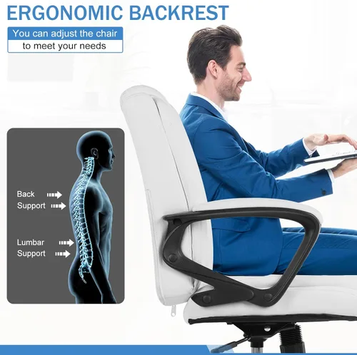 Miniatura 5 de Silla ergonómica de piel sintética con respaldo medio y soporte lumbar, reposabrazos, giratorio giratorio, ajustable para adultos (blanco)