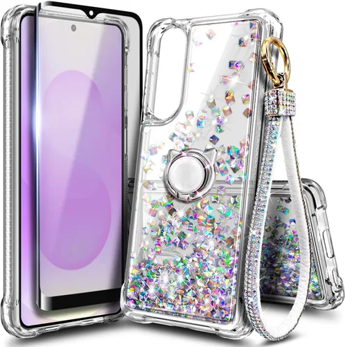 Miniatura 23 de Funda compatible con Samsung Galaxy S24-FE Aqua/Purple Funda líquida flotante con purpurina linda con protector de pantalla de vidrio templado