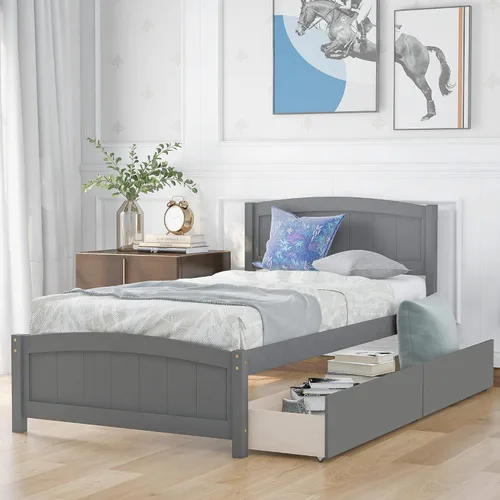 Miniatura 10 de Marco de cama moderno de madera maciza con cajones, plataforma de cama con soporte de listones de madera, no necesita somier, tamaño individual