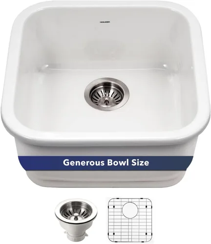 Miniatura 12 de Houzer Platus PTB-1919 WH - Fregadero de barra cuadrada de arcilla refractaria de 19 pulgadas para cocina o bar, duradero, resistente a Blanco