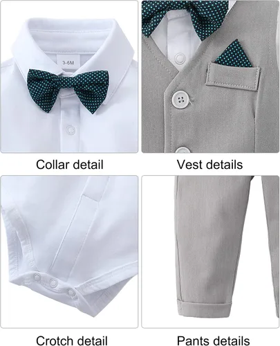Miniatura 5 de DISAUR Ropa de bebé para niño, 4 piezas de traje de caballero + chaleco + pantalones + corbata de lazo de algodón