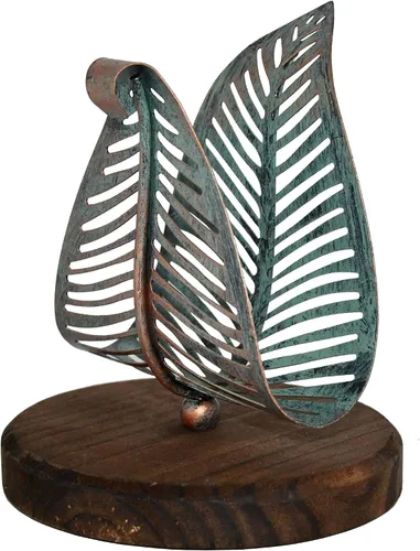 Miniatura 11 de OwlGift Servilletero moderno independiente con hoja de metal de bronce y diseño de base de madera marrón, dispensador de pañuelos de mesa