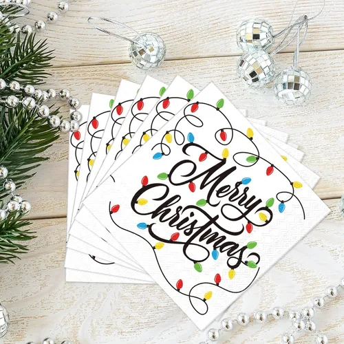Miniatura 5 de Honoson 100 Piezas Servilletas de Cóctel con Luces de Navidad Feliz Navidad Servilletas de Papel Desechables Toalla de Cena para Invitados