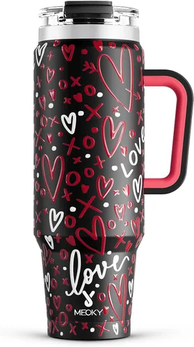 Miniatura 32 de Meoky Vaso de 40 onzas con asa y pajita, vaso aislado con tapa y popote, taza de viaje de acero inoxidable, mantiene el frío durante 34 horas, 100%