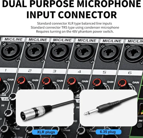 Miniatura 4 de Depusheng MX6 - Mezclador de sonido de 6 canales, consola de mezcla de audio 48V 256DSP profesional, USB, para PC, reproducción y grabación