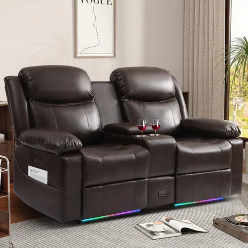 Miniatura 14 de Sofá biplaza reclinable manual con soporte ajustable de 360°, almacenamiento de consola central con carga tipo C y USB, reposacabezas ajustable