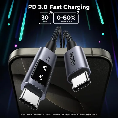 Miniatura 3 de UGREEN Uno - Cable USB C a USB C de 100 W, cable de carga rápida tipo C con pantalla LED para iPhone 17/17 Air/17 Pro/17 Pro Max/16, MacBook