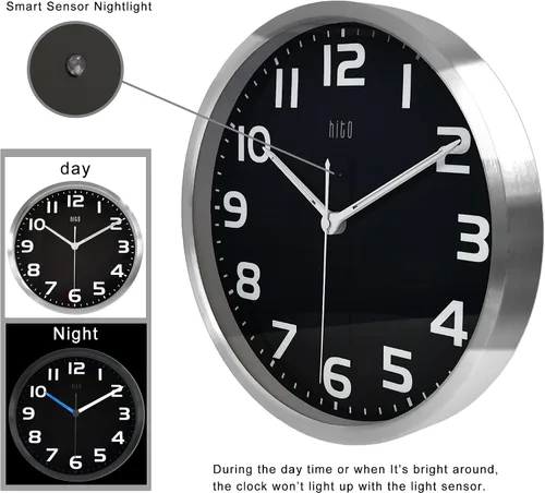Miniatura 3 de HITO Reloj de pared con luz nocturna de 12 pulgadas, funciona con pilas, brillo ajustable, marco de metal, cubierta de vidrio