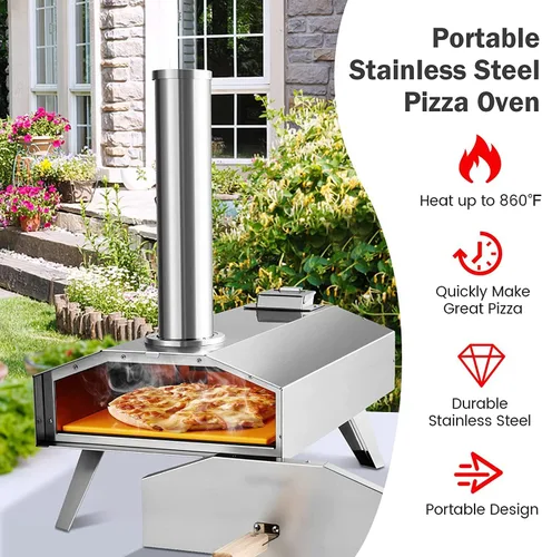 Miniatura 4 de Happygrill Horno de pizza al aire libre, portátil, de acero inoxidable, estufa de pizza de pellets de madera con piedra de pizza de 12 pulgadas