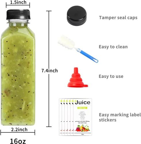 Miniatura 2 de DEPEPE Paquete de 24 botellas de plástico para jugo de 16 onzas con tapas, recipientes reutilizables y para sacar jugo con tapas, recipientes
