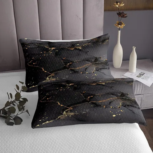 Miniatura 3 de Erosebridal Juego de colcha de mármol negro tamaño Queen con lentejuelas metálicas doradas, juego de colcha de mármol gris oscuro, juego de ropa