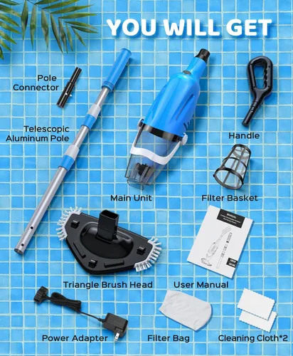Miniatura 10 de Aspiradora de piscina para piscina sobre el suelo con un poste telescópico, 80 minutos de tiempo de funcionamiento, limpiador de piscina recargable
