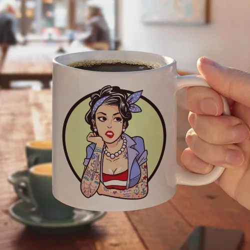 Miniatura 4 de Rockabilly - Taza de café de cerámica retro Pin Up Girl With Tattoos, novedosa taza de regalo para café, té y bebidas calientes, 11 onzas
