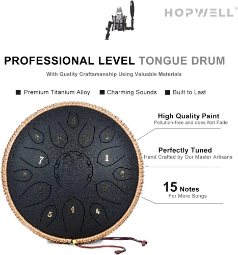 Miniatura 3 de HOPWELL Tambor de Lengua de Acero - Tambor de Lengua de 15 Notas de 12 Pulgadas - Instrumentos de Percusión - Tambor Hand Pan con Libro de Música