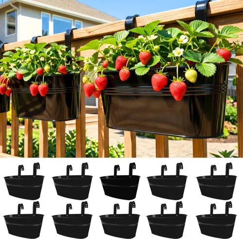 Miniatura 12 de LaLaGreen Jardinera de Barandilla para Exteriores (11.8 Pulgadas, Paquete de 4) Macetas Colgantes de Hierro Negro para Barandillas de Terraza Cubos