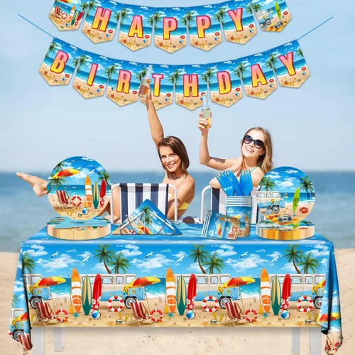 Miniatura 3 de Suministros para fiesta de cumpleaños en la playa, 142 piezas, decoración hawaiana para fiesta de piscina, incluye platos de cena de playa, mantel