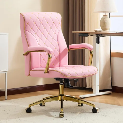 Miniatura 9 de Furniliving Silla de oficina rosa y dorada, sillas de oficina de cuero, silla de tocador ajustable con patas doradas y reposabrazos acolchado