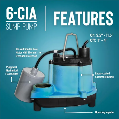 Miniatura 3 de Little Giant 6-CIA-RFS 115 Voltios, 1/3 HP, 2760 GPH Bomba Sumergible de Hierro Fundido con Interruptor de Flotador Mecánico Piggyback, Cable de 10