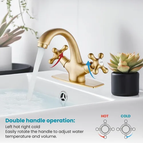 Miniatura 5 de gotonovo Grifo de lavabo de baño de un solo agujero, doble mango cruzado, pomos mezcladores de lavabo con drenaje desplegable y placa de cubierta