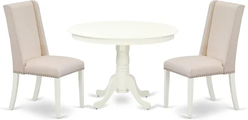 East West Furniture HLFL3-LWH-01 Juego de mesa de comedor de 3 piezas contiene una mesa de cocina redonda con pedestal y 2 sillas de comedor Parson