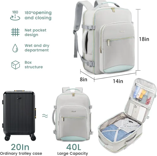 Miniatura 2 de LOVEVOOK Mochila de viaje grande de 40L para mujeres y hombres, mochila de mano aprobada por aerolíneas, Gris- verde, Mochila de viaje