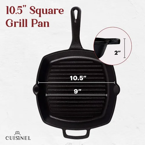 Miniatura 3 de Cuisinel - Sartén de hierro fundido cuadrada para parrilla + tapa de vidrio + raspador de sartén + cubierta de mango - Sartén con nervaduras