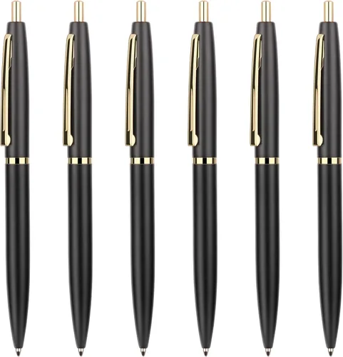 Unibene Paquete de 6 bolígrafos negros y dorados, tinta negra de punta media de 0.039 pulgadas con 6 recambios de acero inoxidable para negocios,