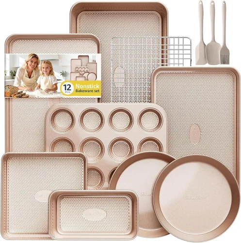 Miniatura 12 de Juego de 12 piezas para hornear antiadherente, juegos de utensilios para hornear no tóxicos con bandeja para hornear, molde para tartas, molde