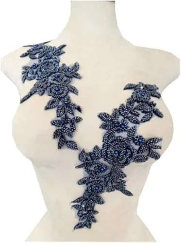 Miniatura 7 de PLune Apliques de encaje con cuentas, parches perfectos para vestidos de boda, accesorios de ropa, un par/bolsa, 5.5 x 12.9 pulgadas (azul)