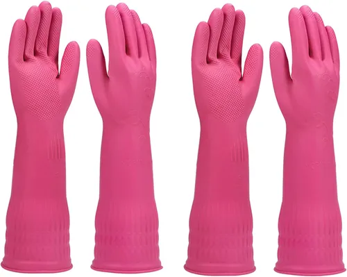 Miniatura 9 de Guantes para lavar platos 2 pares para cocina, guantes de limpieza de goma, guantes largos para lavar platos reutilizables. Verde