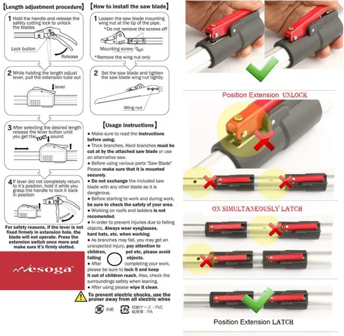 Miniatura 8 de Podadora de árboles de 4.4-7.2 pies 2 secciones extensibles 4 nodos ajustable, Cortar y mantener la poda recortadora, Sierra de poste de largo
