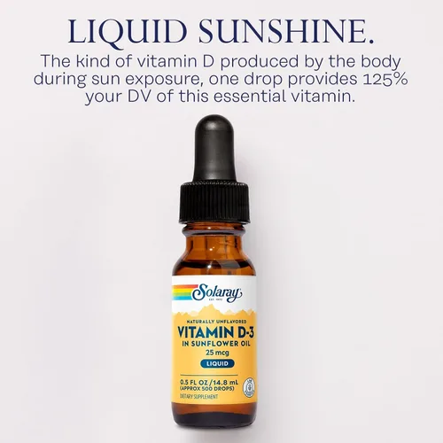 Miniatura 3 de SOLARAY Gotas líquidas de vitamina D3 de 25 mcg (1000 UI) - Gotas de vitamina D de absorción mejorada en aceite de girasol para soporte VIT D3