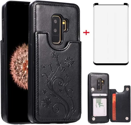 Funda de teléfono para Samsung Galaxy S9 Plus con protector de pantalla de vidrio templado y tarjetero con soporte para tarjetero, accesorios de